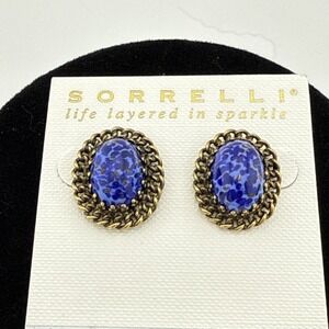 Sorrelli Oval Blue marbled gold flecked Stone stud pierced earrings Brass Set